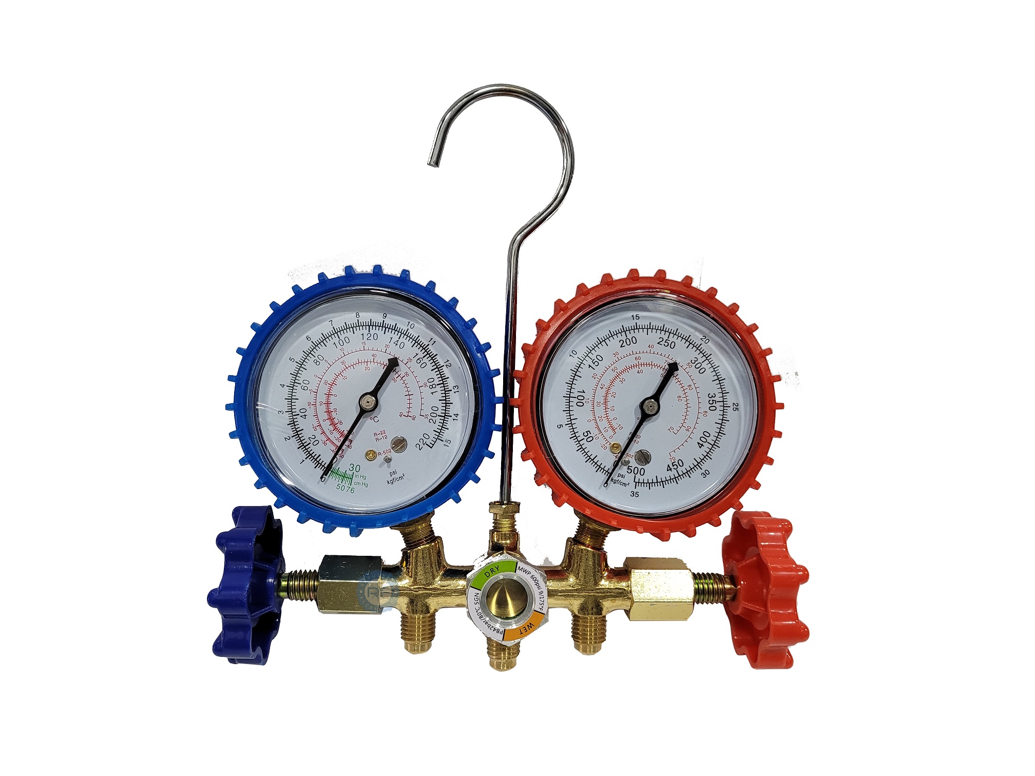 MANIFOLD DE BRONCE R22 R134 CON VISOR Y MANGUERAS 90CM    