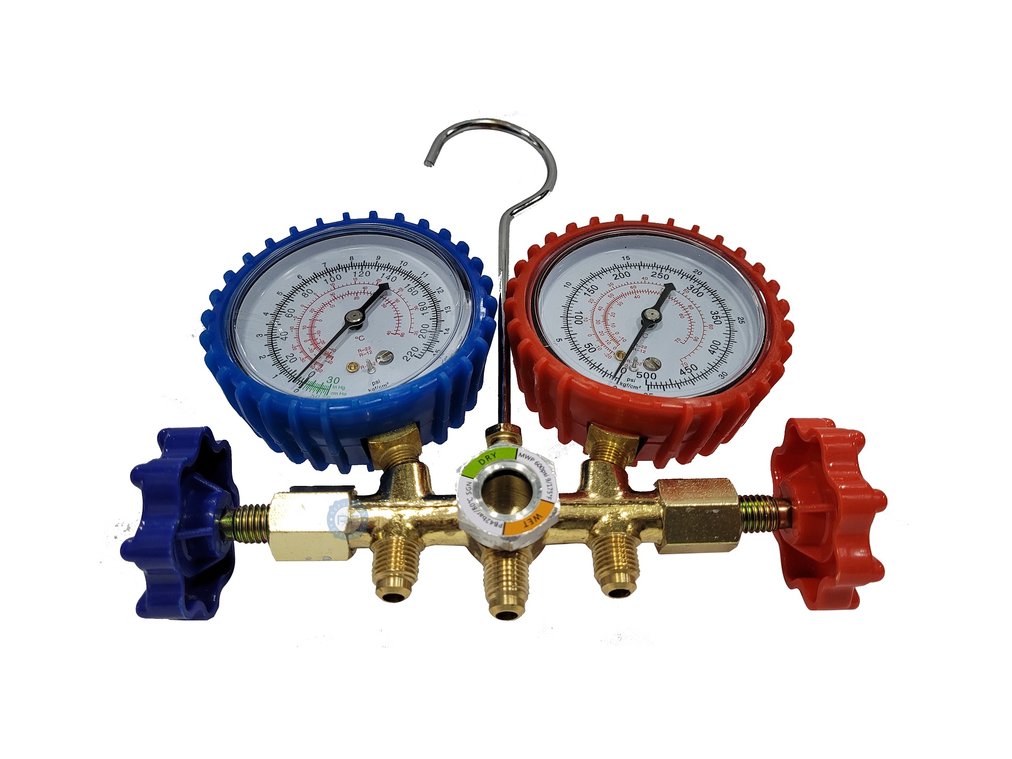 MANIFOLD DE BRONCE R22 R134 CON VISOR Y MANGUERAS 90CM    