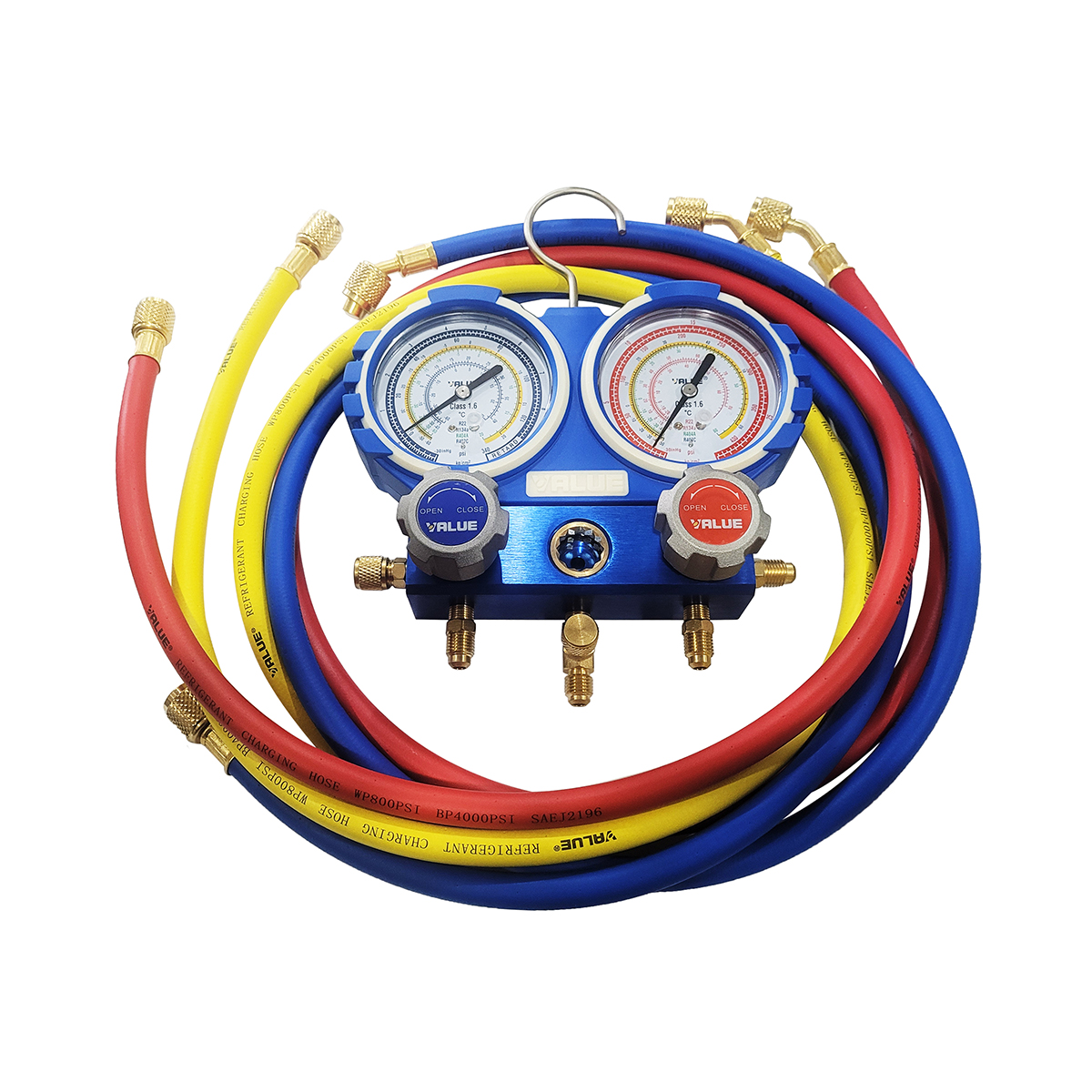 MANIFOLD DE ALUMINIO R22 R134 R404 CON VISOR Y MANGUERAS 120CM VALUE VMG-2-R22     